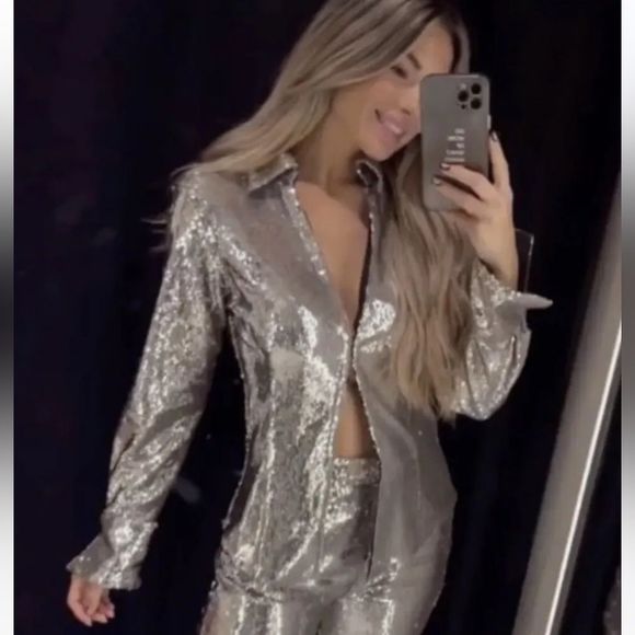 ZARA SEQUIN SHIRT TOP - Picture 3 of 15